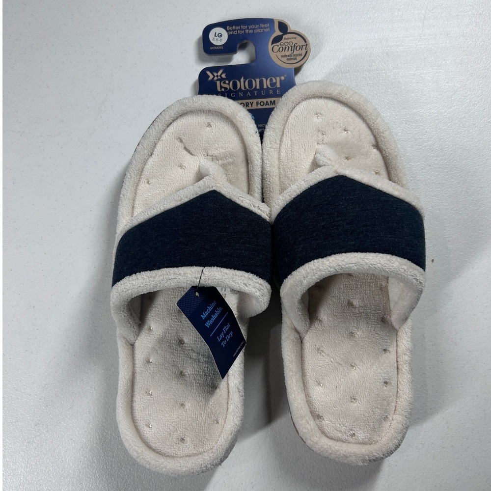Isotoner Womens Memory Foam Slippers Large (8.5-9) Black Cream EcoComfort NEW